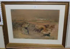 L. Stagg, Two Figures herding Cattle, watercolour