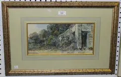 Leyton Forbes, The Old Cottage' (Two Chickens in a Cottage Garden), watercolour with touches of gouache