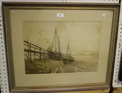 William Benner, Shoreham Harbour with Two Beached Boats, watercolour