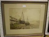 William Benner, Shoreham Harbour with Two Beached Boats, watercolour