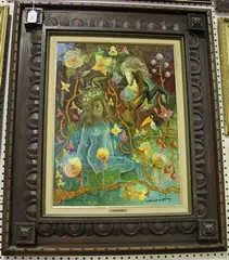 Tibor David, Nymph and Rearing Horse in an Enchanted Wood, mixed media