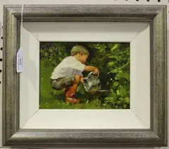 John Haskins, Boy watering a Flower Bed, oil on board