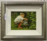John Haskins, Boy watering a Flower Bed, oil on board