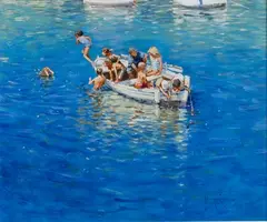 John Haskins, Swimming off the Boat, oil on board
