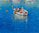 John Haskins, Swimming off the Boat, oil on board