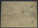 French Market Scene by Mary Swanzy, coloured pencil, sold Dec 2017