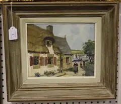 Henri Miloch, Street Scene with Figures and Distant Harbour, oil on board