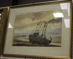 Keith Burtonshaw, Moored Boats at Low Tide, watercolour