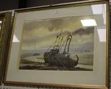 Keith Burtonshaw, Moored Boats at Low Tide, watercolour