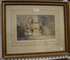 George Cattermole, A Church Interior with Medieval Font, watercolour