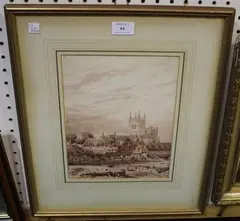John Louis Petit, View of Rochester, Kent, monochrome watercolour