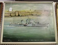 George Roser, H.M.S. Grenade at Grand Harbour Malta, 1985, oil on board