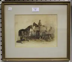 Three Horses and a Rider in a Landscape by Orlando Norie, watercolour, sold Nov 2017