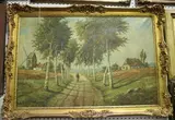 Jos. Nic. De Vuyst, Landscape with Figure walking along a Tree-lined Road towards Cottages and a Windmill, oil on canvas