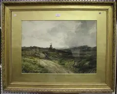 David Cox Junior, Extensive Landscape with Shepherd and Windmill, watercolour