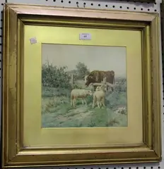 Sheep and a Cow at a Fence in a Landscape by Claude Cardon, watercolour, sold Nov 2017