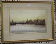 W. Marshall, Evening on the Thames, watercolour