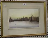 W. Marshall, Evening on the Thames, watercolour
