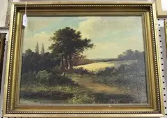 Landscape with River and Fields by R. Percy, oil on canvas, sold Nov 2017