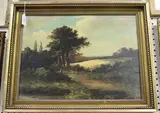 R. Percy, Landscape with River and Fields, oil on canvas