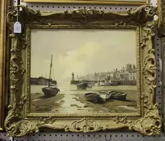 Don Micklethwaite, Harbour Scene at Low Tide, probably Yorkshire, oil on canvas