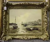 Don Micklethwaite, Harbour Scene at Low Tide, probably Yorkshire, oil on canvas