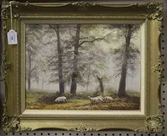 Bill Haines, Woodland Landscape with Sheep, oil on canvas