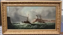 F.K. Roe, Paddle Steamer entering a Harbour in a Storm, oil on canvas