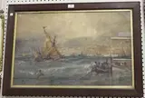 Edwin Hayes, Maritime Scene with Boats and Distant Harbour, possibly North Africa, watercolour