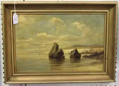 Hermanus Koekkoek Junior, Coastal Scenes with Rocks and Boats, oil on canvas