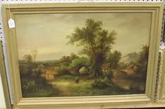 W. Yates, Rustic Landscape with Cottages and Figures beside a River, oil on canvas