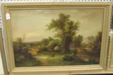 W. Yates, Rustic Landscape with Cottages and Figures beside a River, oil on canvas