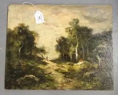 Paul Manzoni, Figure on a Woodland Path, oil on panel