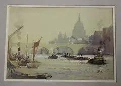 Walter Thomas, The Pool of London, towards London Bridge with St. Paul's Cathedral beyond, watercolour and gouache
