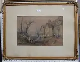 Thomas Colman Dibdin, Woodman and Figures outside a Country House, 1864, watercolour heightened with gouache