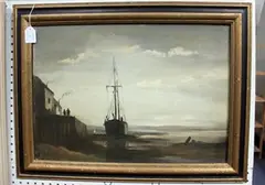 Philip Hugh Padwick, Beached Boat near a Harbour Wall, oil on canvas laid on board