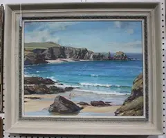 Sheila Macleod Robertson, Coastal View with Figures on a Beach, oil on canvas