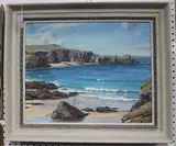 Sheila Macleod Robertson, Coastal View with Figures on a Beach, oil on canvas