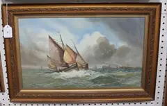 C. Elliott, Shoreham Fishing Boats off a Harbour with a Steamer in the distance, 1921, oil on canvas