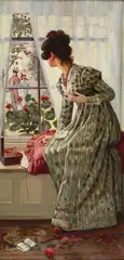 Minnie Asprey, Lady observing a Couple through a Window, oil on canvas
