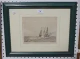 Clipper under Fire from a Distant Warship by William Lionel Wyllie, monochrome etching, sold Jul 2017