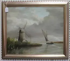 A. Canham, Wherry on a Canal passing a Windmill, oil on canvas