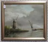 A. Canham, Wherry on a Canal passing a Windmill, oil on canvas