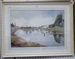 Editha Bartlett, View along the Thames towards Kew Bridge and the Water Tower, watercolour over pencil traces