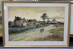 Leopold Rivers, Village Scene with Figures and Geese, 1887, watercolour