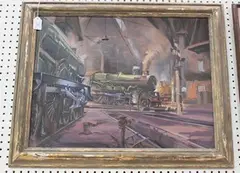 Peter Waddecar, Interior of a Railway Engine Shed with Locomotive on a Turntable, oil on board