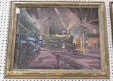 Peter Waddecar, Interior of a Railway Engine Shed with Locomotive on a Turntable, oil on board