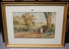 Charles Harmony Harrison, Country Lane with a Lady carrying a Basket, a Gentleman in a Cart beyond, 1892, watercolour