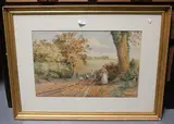 Charles Harmony Harrison, Country Lane with a Lady carrying a Basket, a Gentleman in a Cart beyond, 1892, watercolour