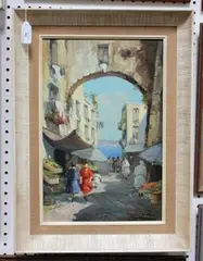 A. Elettro, Mediterranean Street Scene with Flower Sellers, oil on canvas